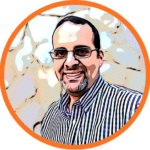 a man wearing glasses and a striped shirt