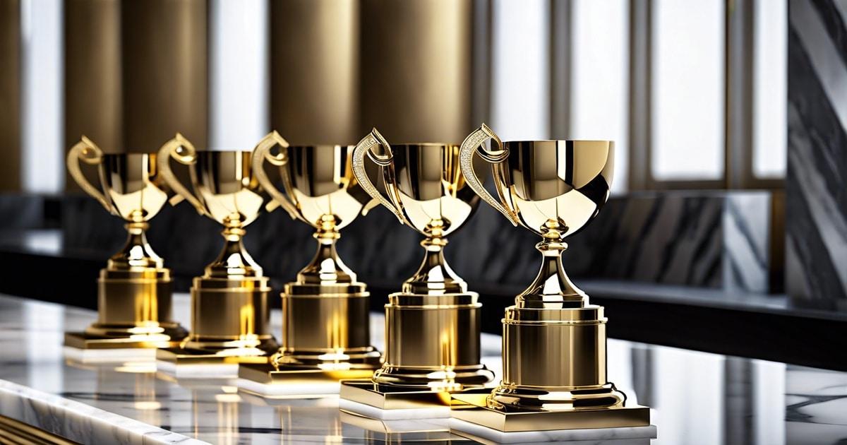 Row of gold trophies for construction technology awards