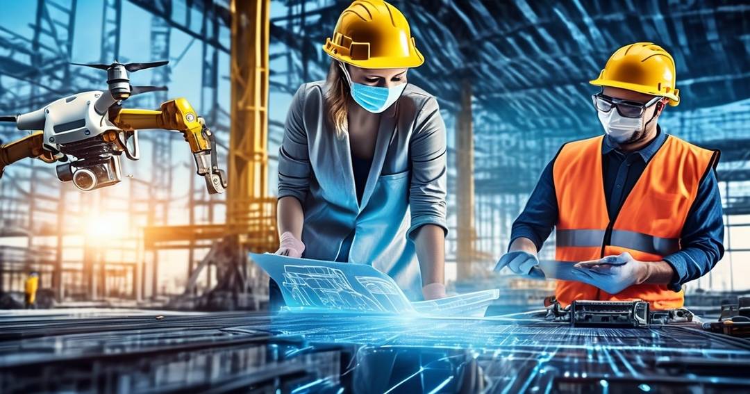 Engineers in hard hats reviewing digital plans beside a robotic drill
