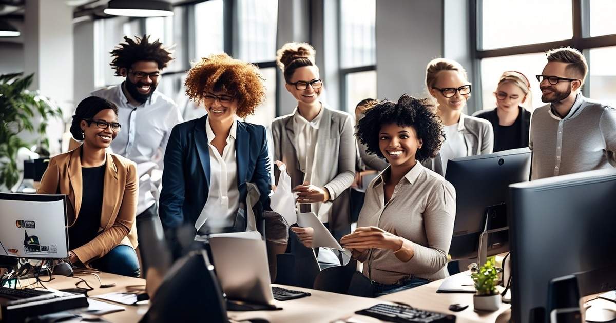 Smiling team gathered around computers in a bright office